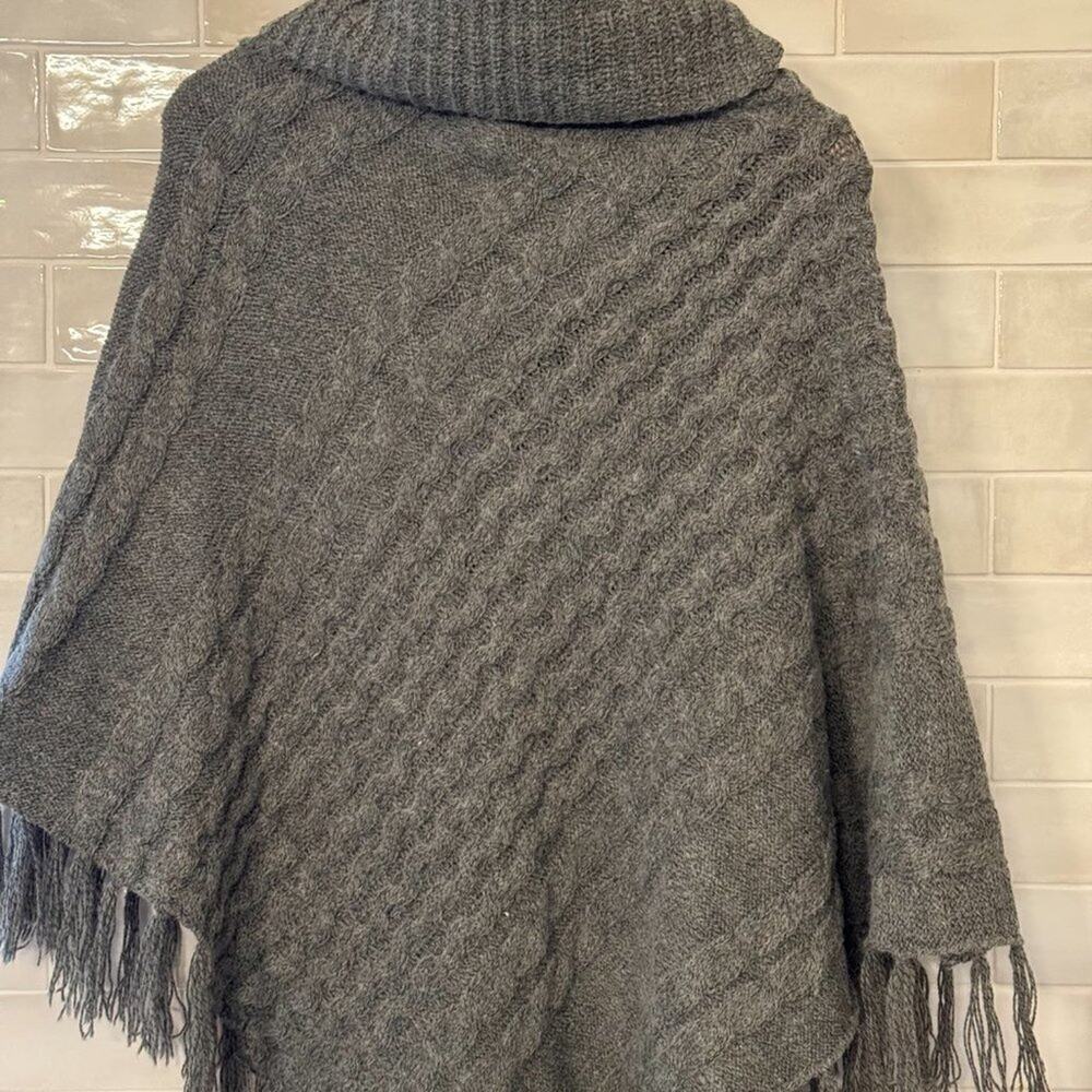 Gray Sweater Poncho With Cowl Neck & Fringe - Picture 3 of 7